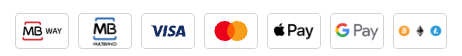 MB WAY, Multibanco, VISA, Mastercard, Apple Pay, Google Pay e Cripto